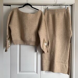 JoJoXCupshe Khaki Knit Midi Skirt Set with Sequin Detail